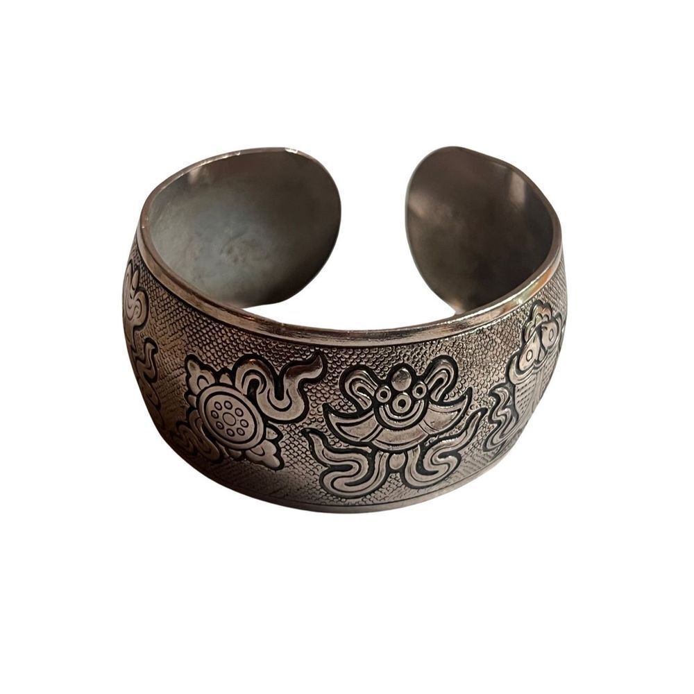 Antique Silver Tibetan Buddha Symbols Cuff Good Fortune Vintage Bracelet